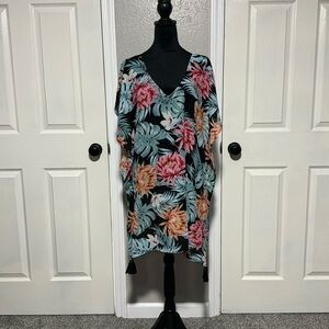 Kona Sol black floral with crisscross design on back swimsuit coverup